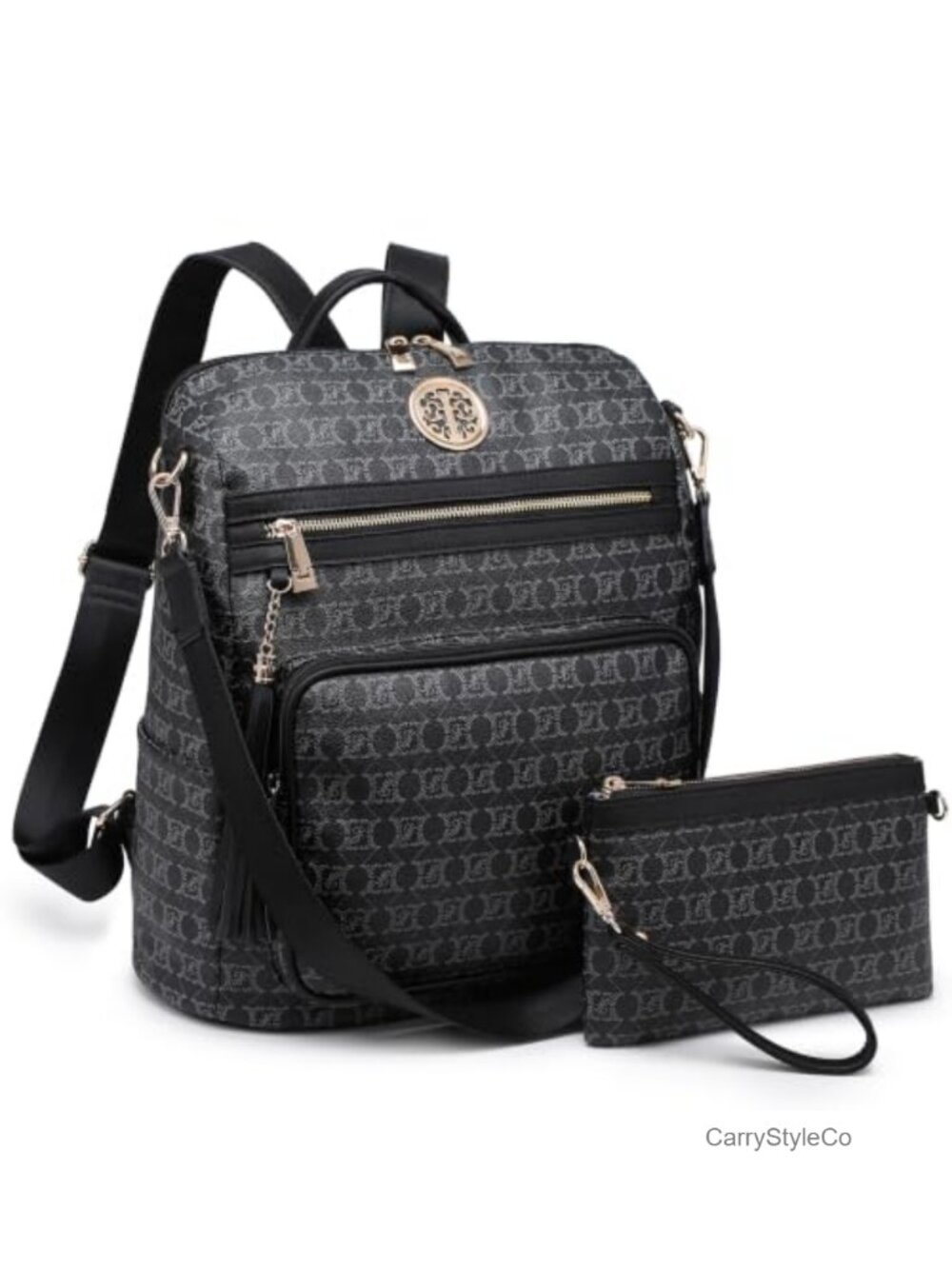 Convertible Faux Leather Backpack Purse 2PC Set Wristlet Travel Bag